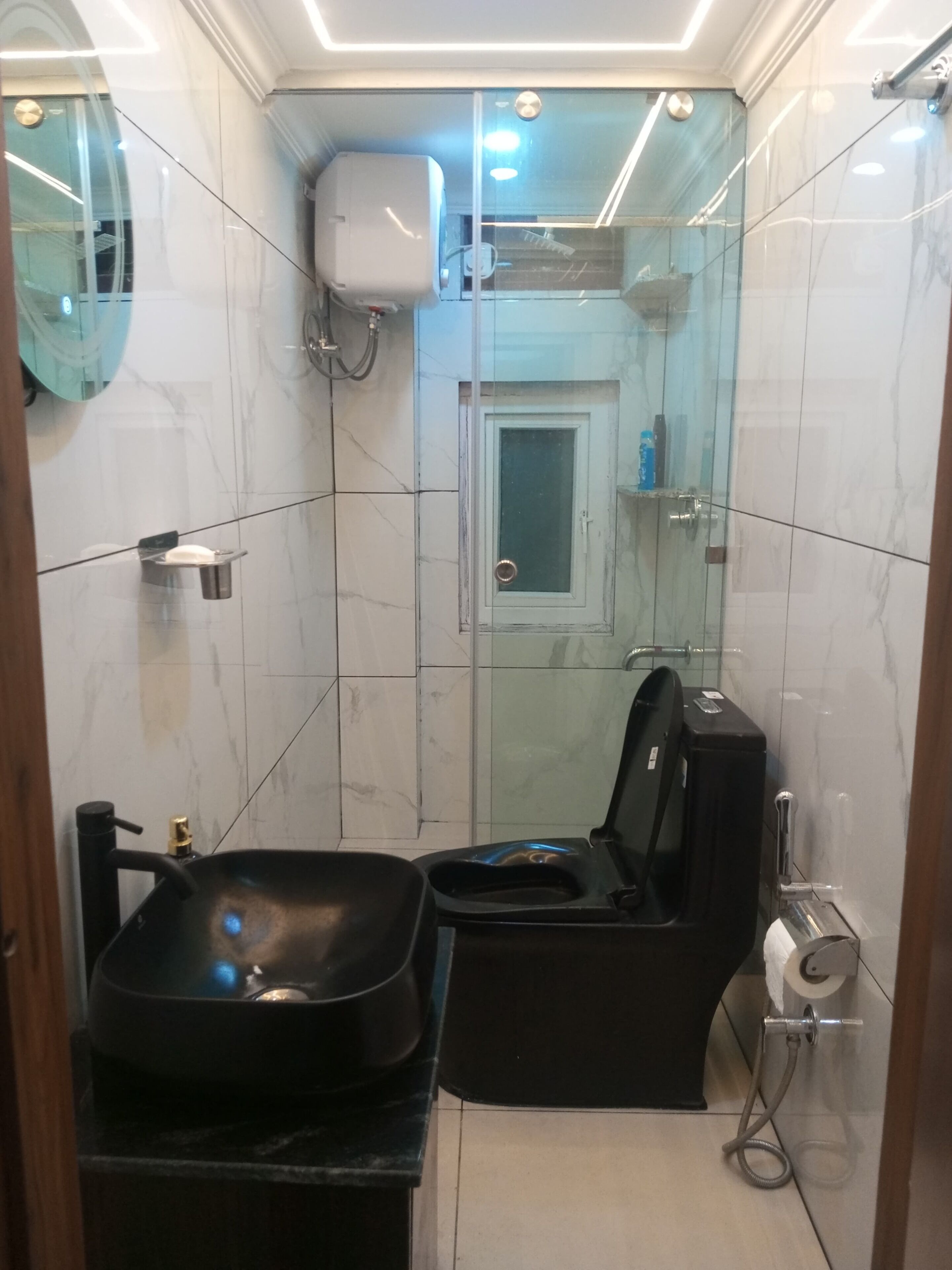 Hair dryer, bidet, towels, toilet paper
