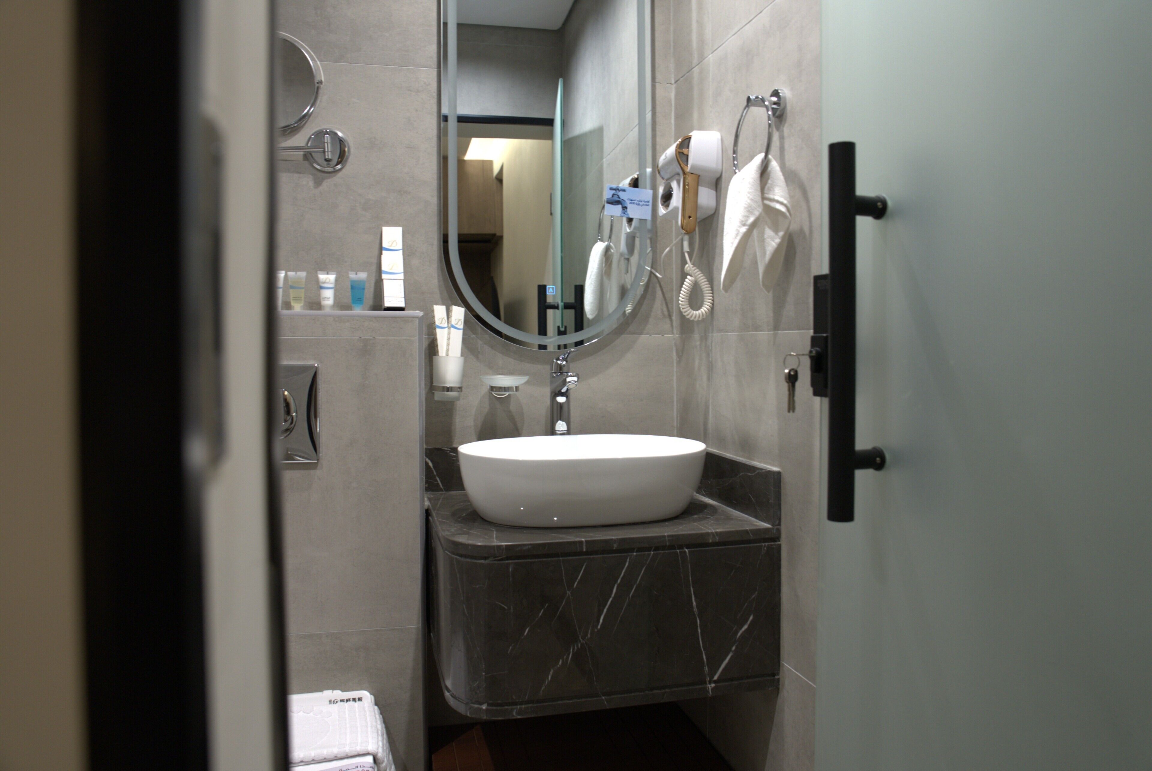 A bathroom with a white sink, a mirror, a towel rack, and a hairdryer.