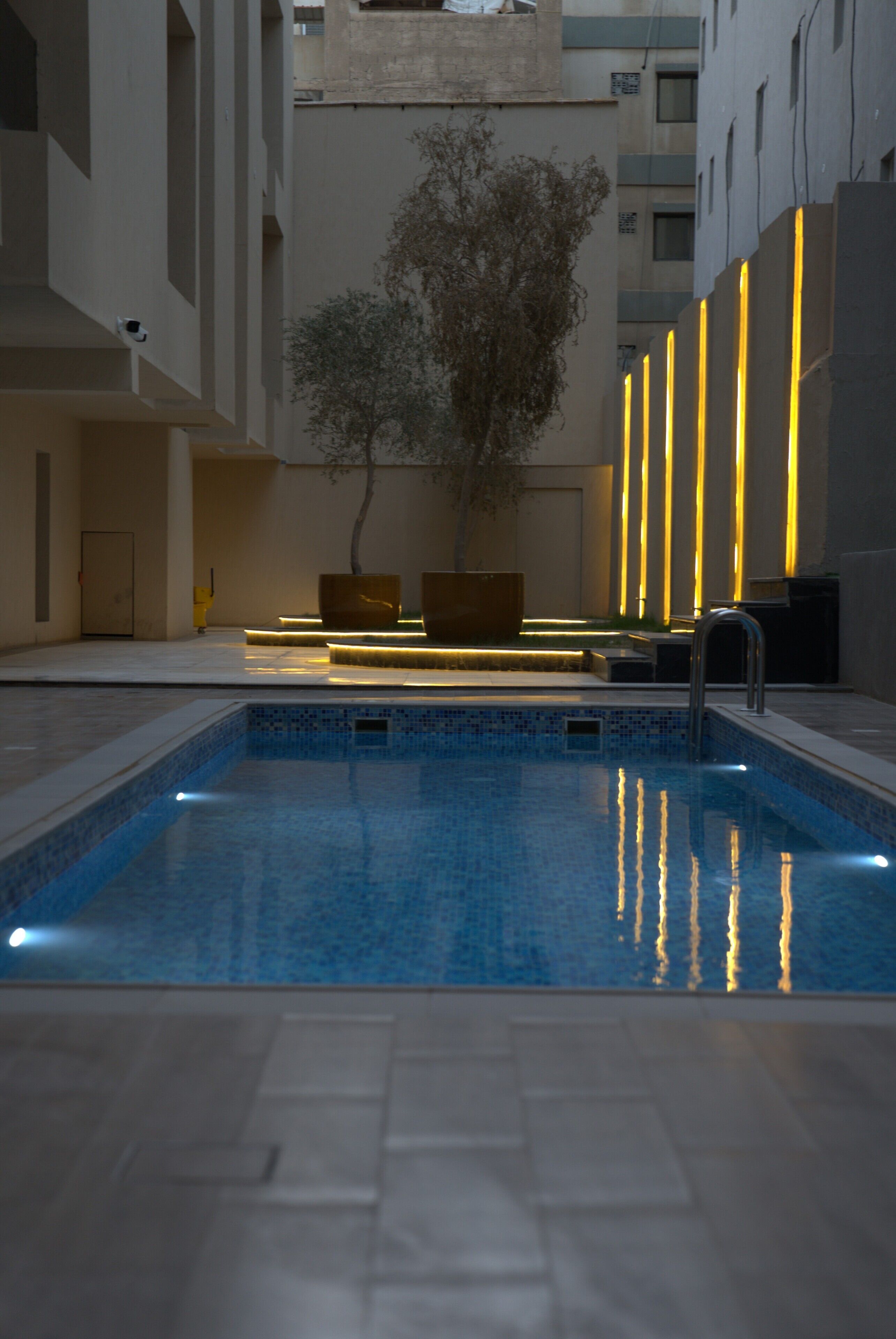 A swimming pool with a tiled edge, a metal handrail, and a tree in the background.