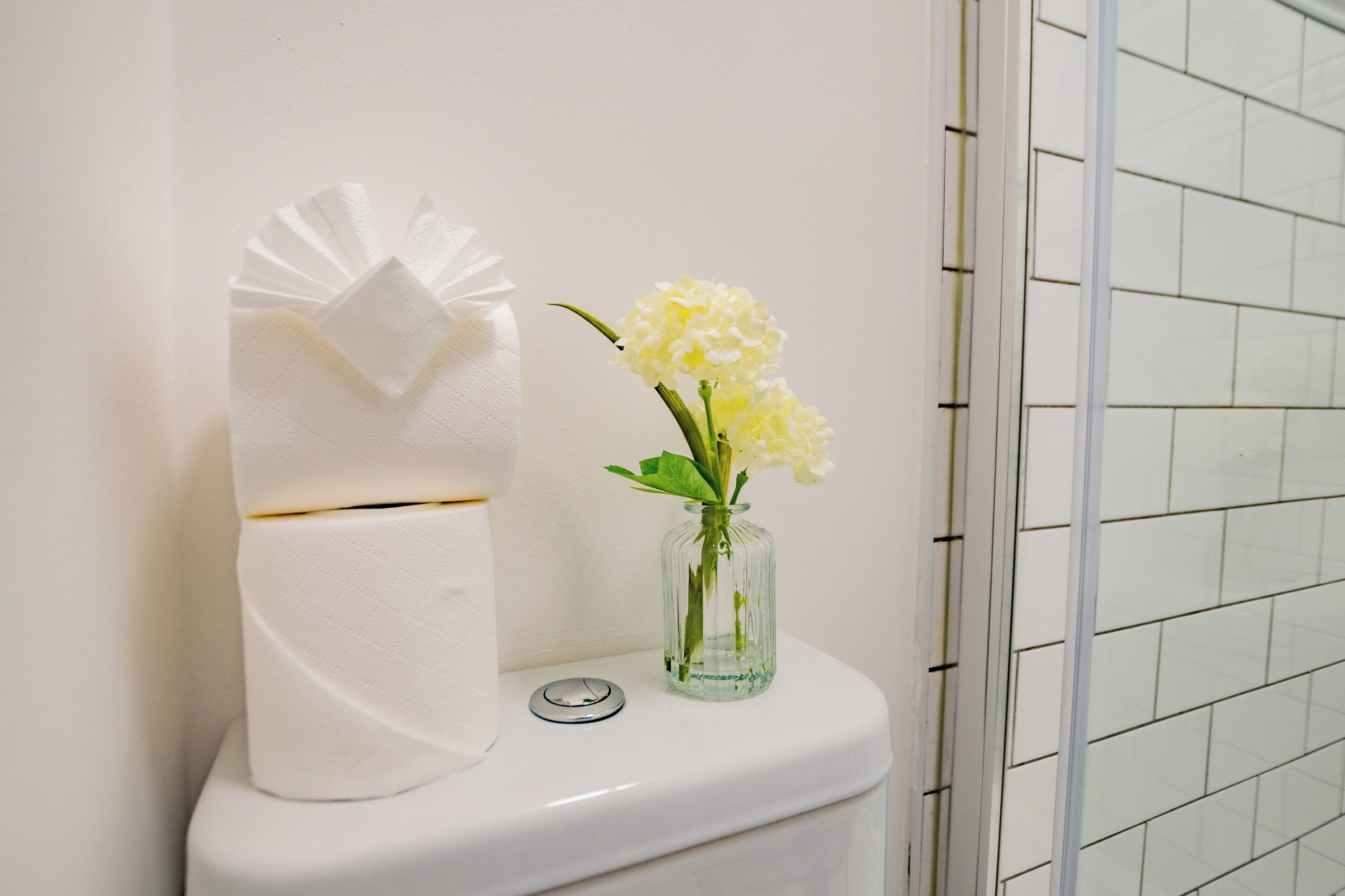 Un bagno con portaserviti per fazzoletti e un vaso di vetro con fiori.