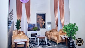 A living room with a sofa, coffee table, TV, and a decorative plant. - Ozigrand Hotel (Benin City)