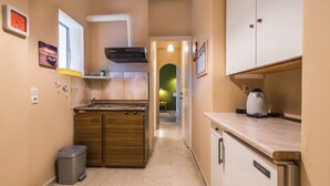 Uma cozinha compacta com armários de madeira, pia, chaleira e lixeira.