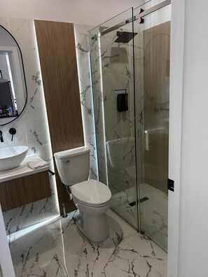 Hair dryer, towels, soap, toilet paper