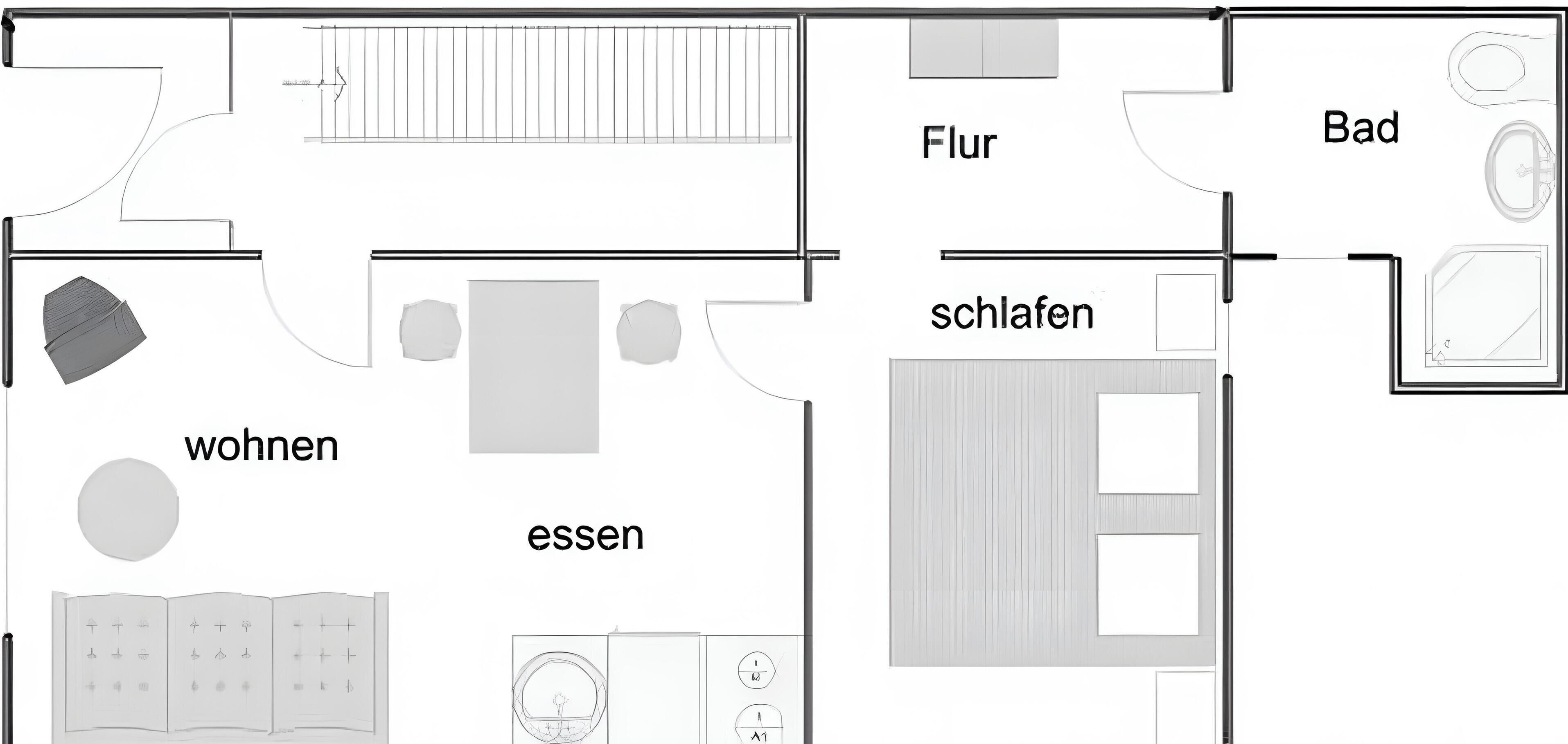 A floor plan with labeled rooms: 'Flur,' 'Bad,' 'schlafen,' 'essen,' and 'wohnen.'