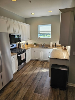 A modern kitchen with white cabinets, stainless steel appliances, a granite countertop, and a view of a green landscape through a window. - 3-bedrooms townhouse in lovely Verandah Fort Myers Florida (Fort Myers)