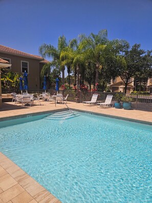 Ein Swimmingpool mit Liegestühlen und Sonnenschirmen, umgeben von Palmen und blauem Himmel.