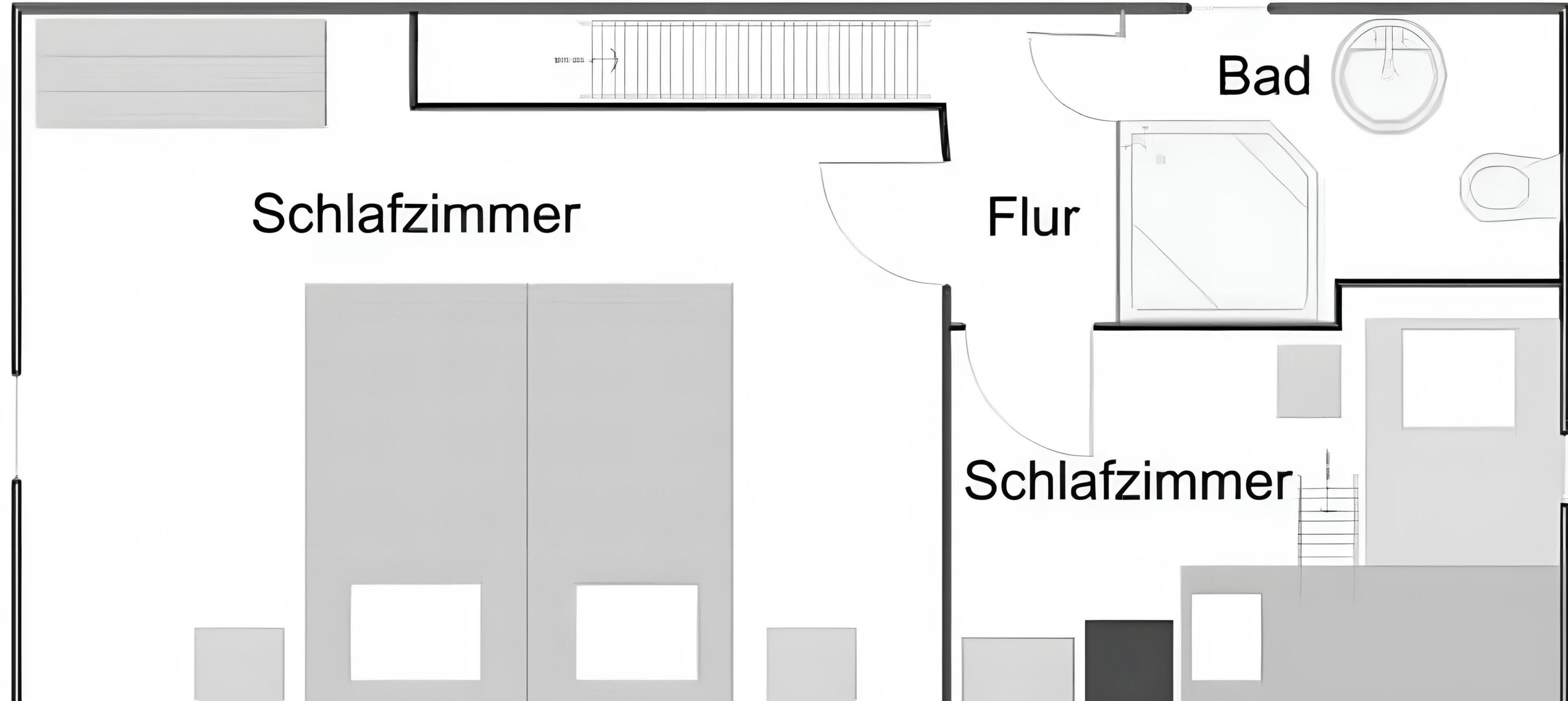 A hotel layout with two ensuite bathrooms, a kitchen, and a bathroom with a toilet.