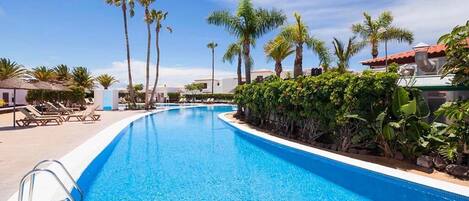 A swimming pool with lounge chairs and palm trees.