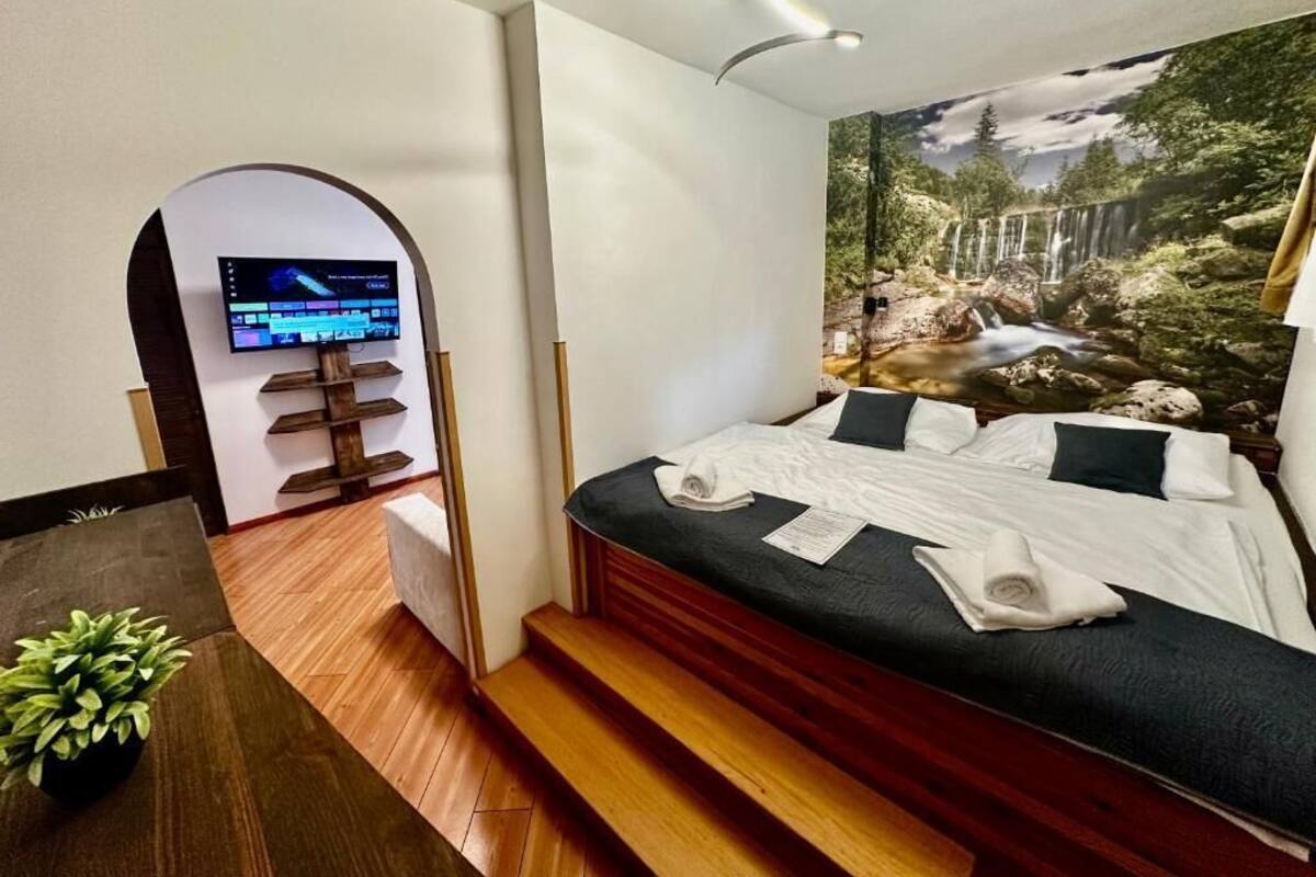 Ein Schlafzimmer mit Bett, einem an einer Holzkonstruktion befestigten Fernseher, einem Wandgemälde mit einem Wasserfall und einer kleinen Pflanze auf einem Tisch.