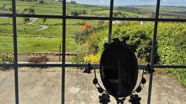 Une fenêtre donnant sur un paysage verdoyant, une grille métallique et un miroir décoratif.