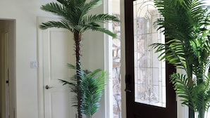 A hallway with a large potted plant, a door with a stained glass window, and a hanging light fixture.