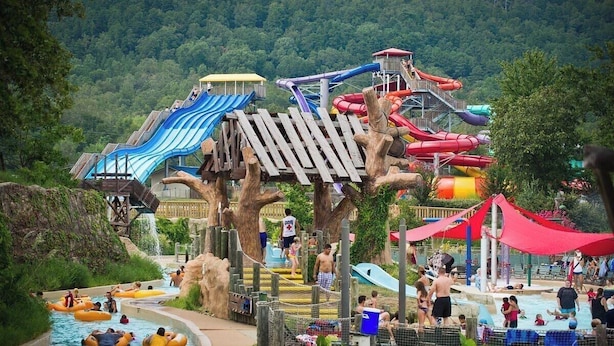A water park with multiple slides and a wooden structure resembling a tree.