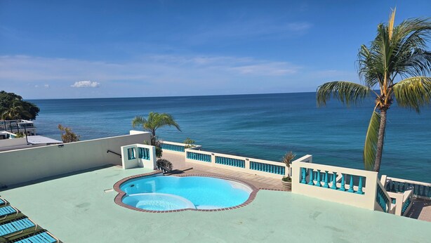 A rooftop pool with a view of the ocean, a palm tree, and a building with a balcony. - King-Bed Room Accessible in Stella, Rincón - right on the beach (Rincón)