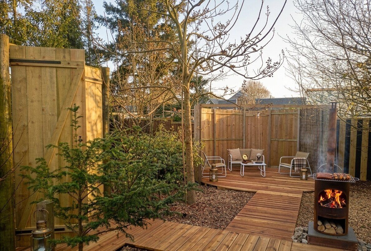 Une terrasse en bois avec des meubles d’extérieur, un foyer et une clôture en bois.