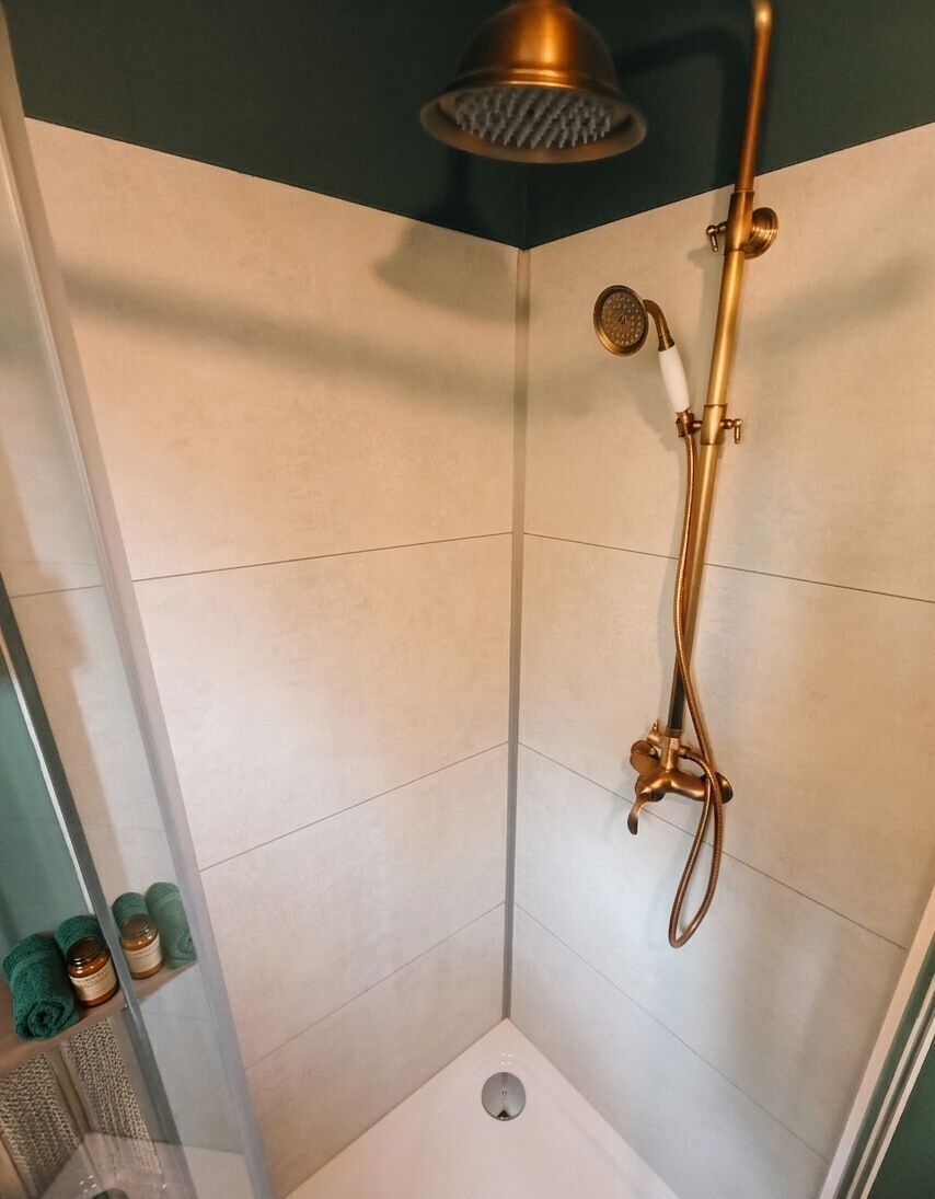 Regadera, jabón, shampoo, papel de baño 