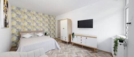 A bedroom with a bed, a dresser, a mirror, a TV, and a radiator.