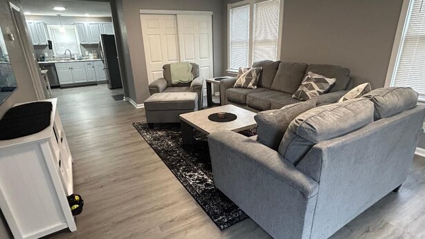 Ein modernes Wohnzimmer mit einem grauen Sofa, einem Couchtisch und einem Teppich.