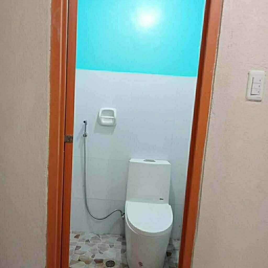 A small, narrow bathroom with a toilet and a shower.