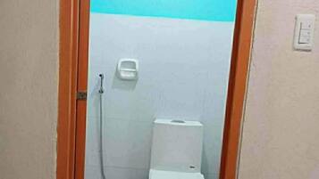 A small, narrow bathroom with a toilet and a shower.