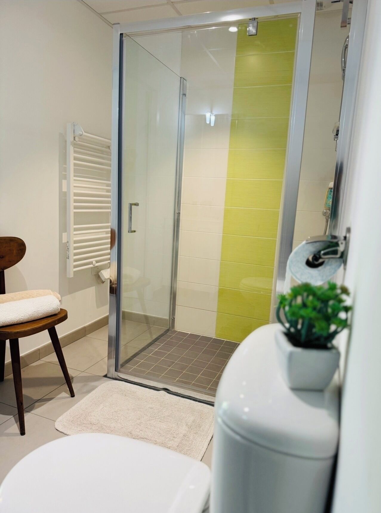 A modern bathroom with a glass shower enclosure, a white toilet, a small wooden chair, and a potted plant.