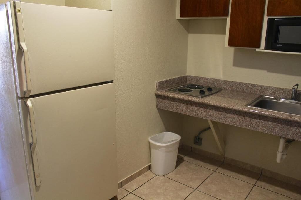 Full-sized fridge, microwave, stovetop