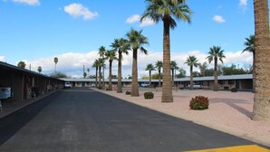 A row of single-story buildings with a parking lot in between, surrounded by palm trees. - Starlite Motel (Mesa)