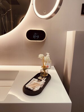 Hair dryer, bidet, towels, soap