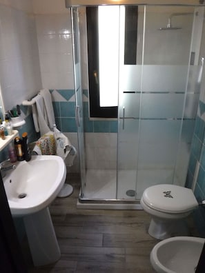Douche, sĂšche-cheveux, bidet, serviettes fournies