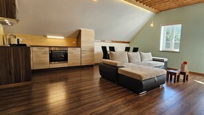 A modern kitchen with built-in appliances, a loft-style bedroom with a sofa, and a view of the outdoors through a window. - The lake: 4 persoonsappartement op een boerderijsetting (Schloss Treffen)