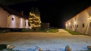 A nighttime view of a building with a gravel path, a tree with lights, and a row of windows.