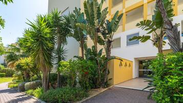 A building with a yellow facade, a paved entrance, and various tropical plants.