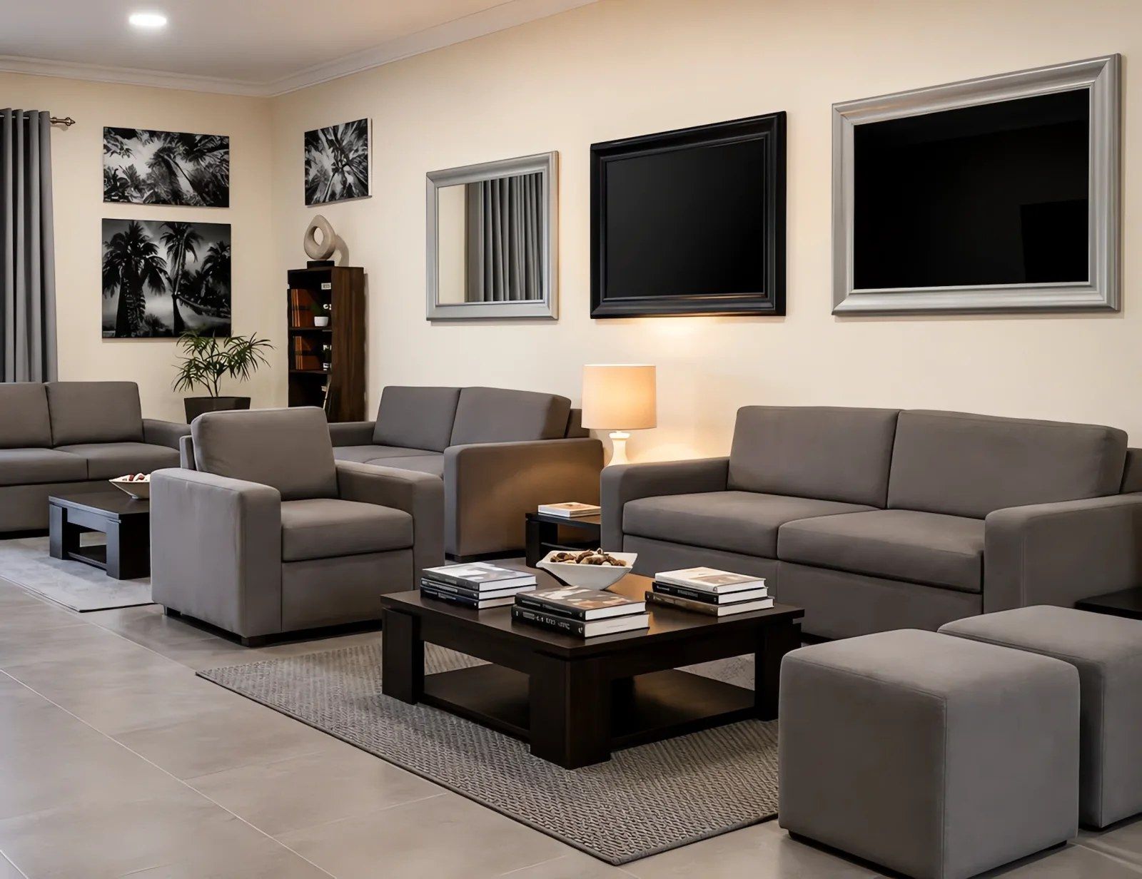 A modern living room with a sofa set, a coffee table with books, and a lamp.