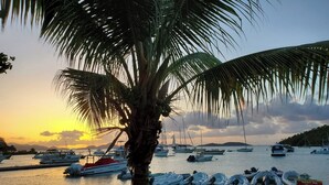 A marina with boats docked, palm trees, and a sunset in the background. - Indigo @Serendip Vacation Condos (Cruz Bay)