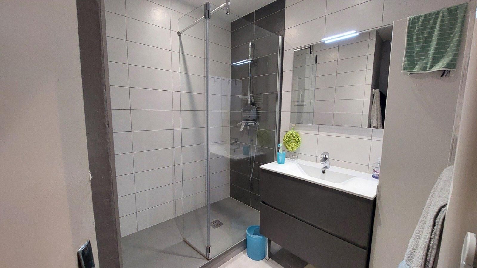Une salle de bain moderne avec une douche à parois de verre, un lavabo blanc et un miroir.