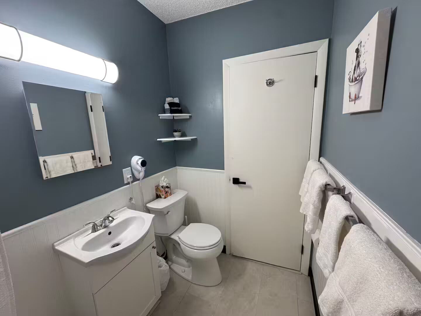 Hair dryer, towels, soap, shampoo