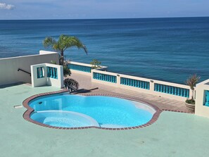 Una piscina con vistas al océano, una palmera y un edificio blanco con detalles azules.