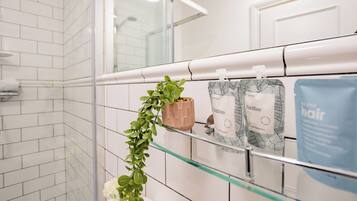 Shower, hair dryer, towels, soap