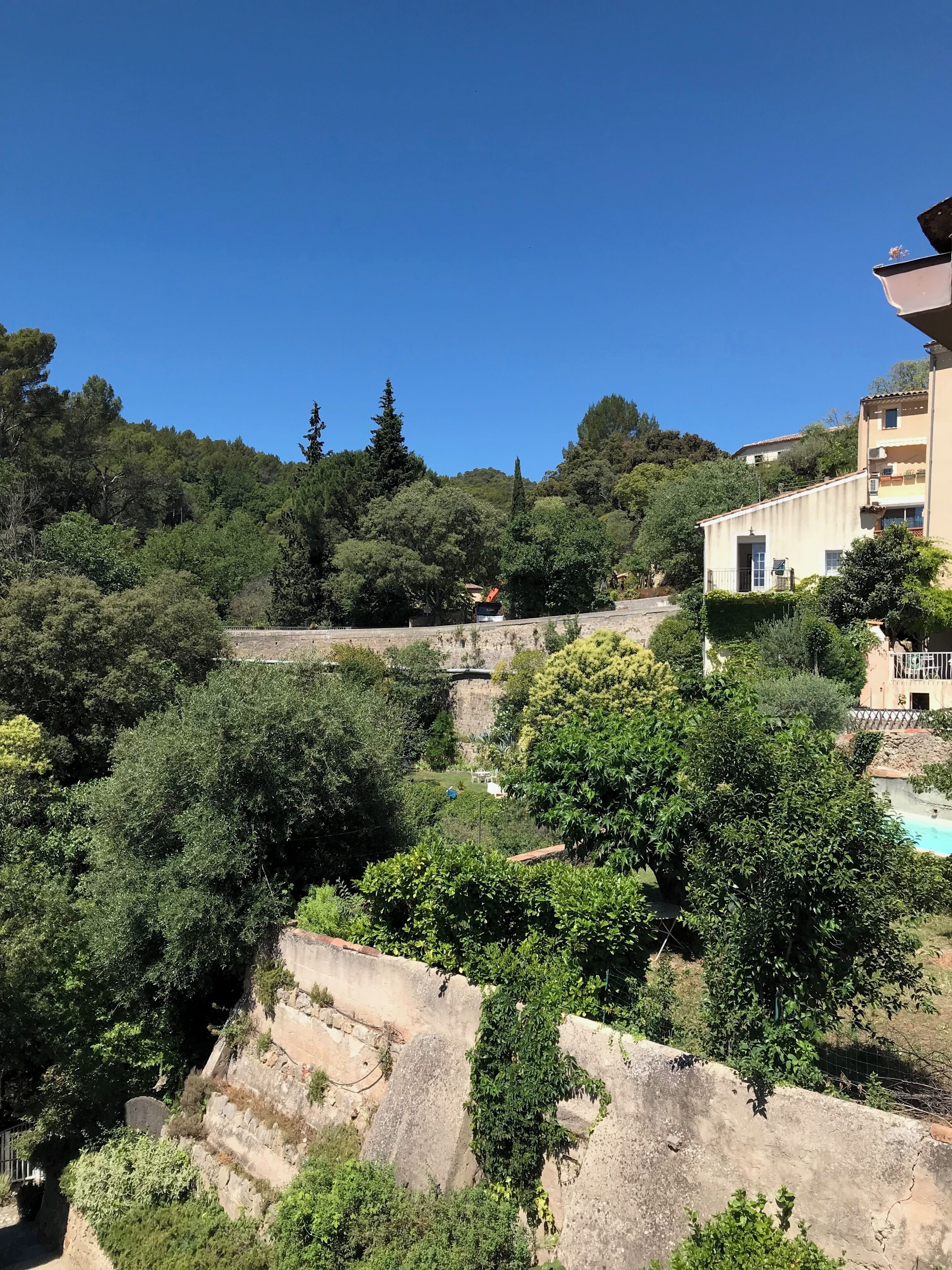 Vista desde la ladera con piscina, vegetación exuberante y un edificio con balcón.