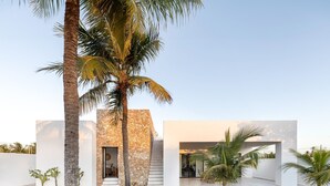 A modern building with a stone facade, a flat roof, and a well-maintained lawn with palm trees.