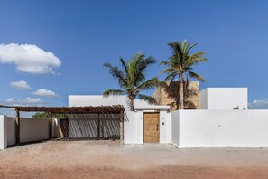 A modern building with a white exterior, a wooden door, and two palm trees in the background.
