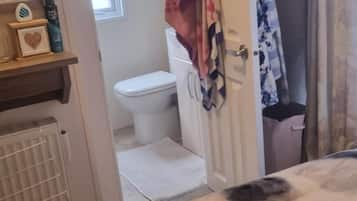Combined shower/bathtub, deep-soaking bathtub, hair dryer, towels