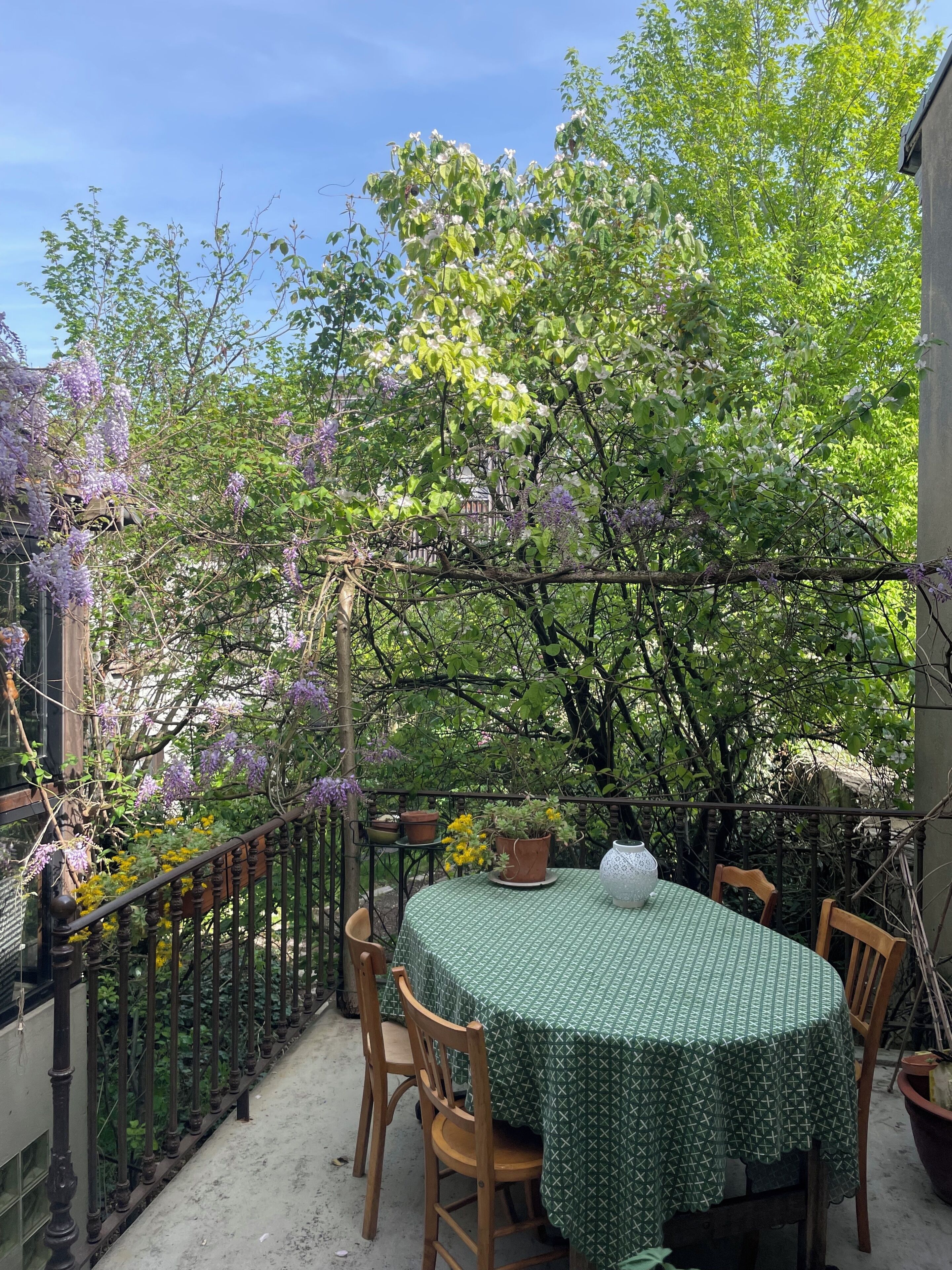 An outdoor patio with a round table, chairs, and potted plants.