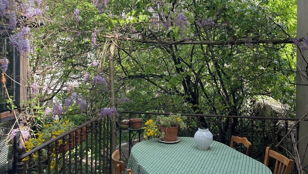 En udendørs terrasse med et rundt bord, stole og plantekrukker.