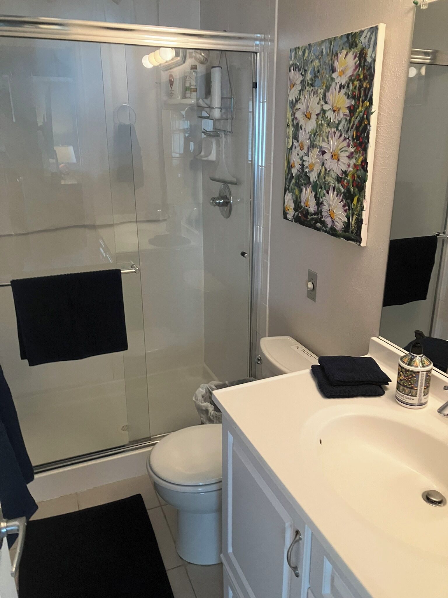 A bathroom with a glass-enclosed shower, a toilet, a sink with a bottle of hand soap, and a painting on the wall.