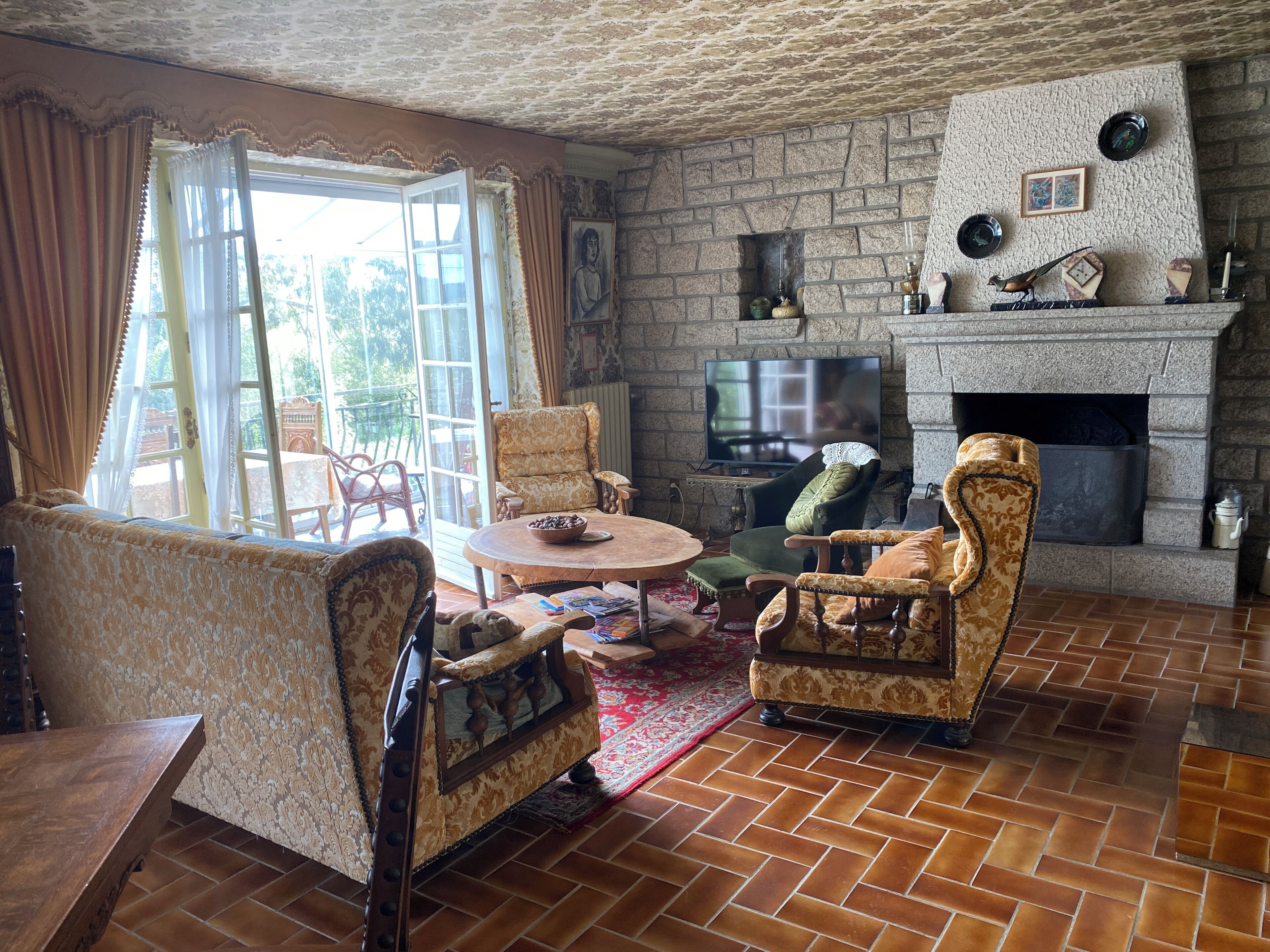 TV connectée, cheminée, livres