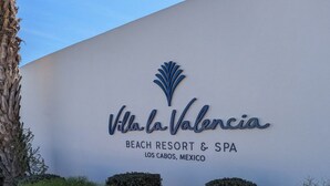 A sign for Villa la Valencia Beach Resort & Spa in Los Cabos, Mexico. -  Luxurious 5-Diamond Resort with 2 bedrooms at Villa La Valencia in Los Cabos. (San José del Cabo)