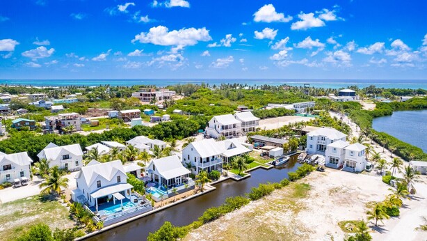 Zona residencial costera con casas, un puerto deportivo y una vista despejada del océano.