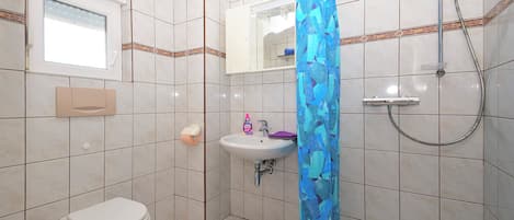 Shower, towels, toilet paper