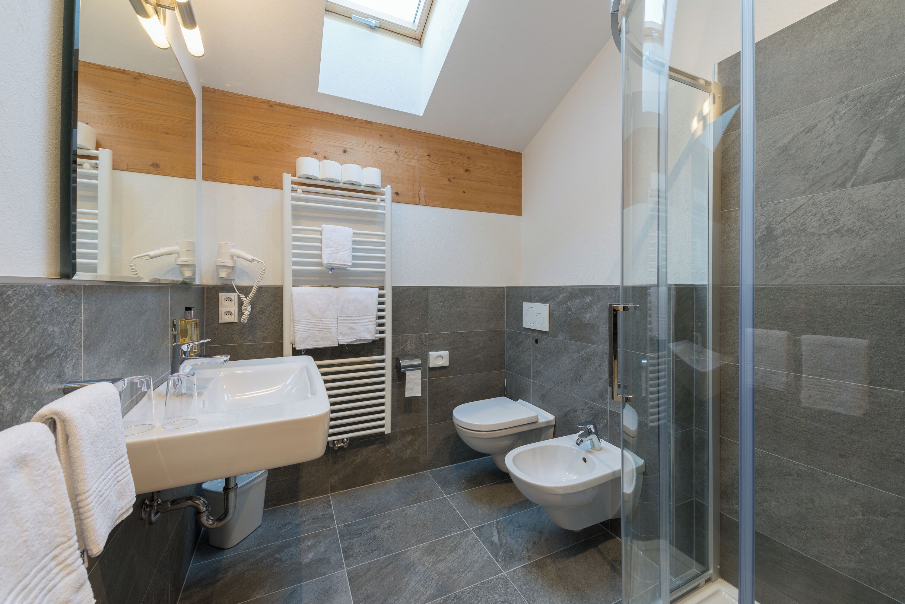 A modern bathroom with a large sink, a bidet, a glass-enclosed shower, and a towel rack.