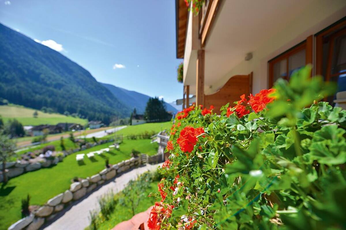 Blick auf Berge mit einem Steinweg, ein Gebäude mit Holzbalkon und rote Blumen im Vordergrund.